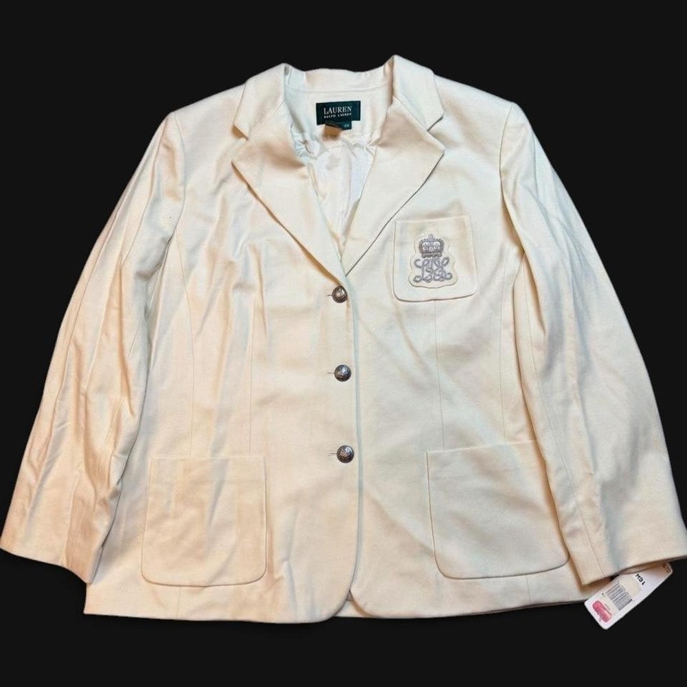 Lauren Ralph Lauren Women 16W Ivory Wool Blazer Bullion Crest Silver Buttons NEW